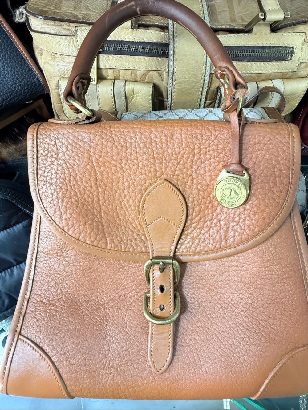 Dooney & Bourke Tan Pebbled Leather Satchel with Brass Hardware